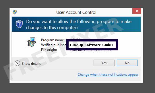 Screenshot where TuneUp Software GmbH appears as the verified publisher in the UAC dialog